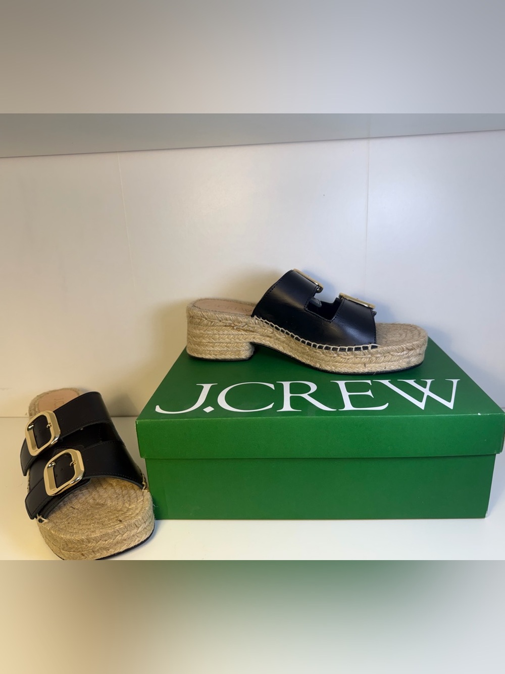 J. Crew Black Leather Espadrille Mule Slides with Gold Buckles